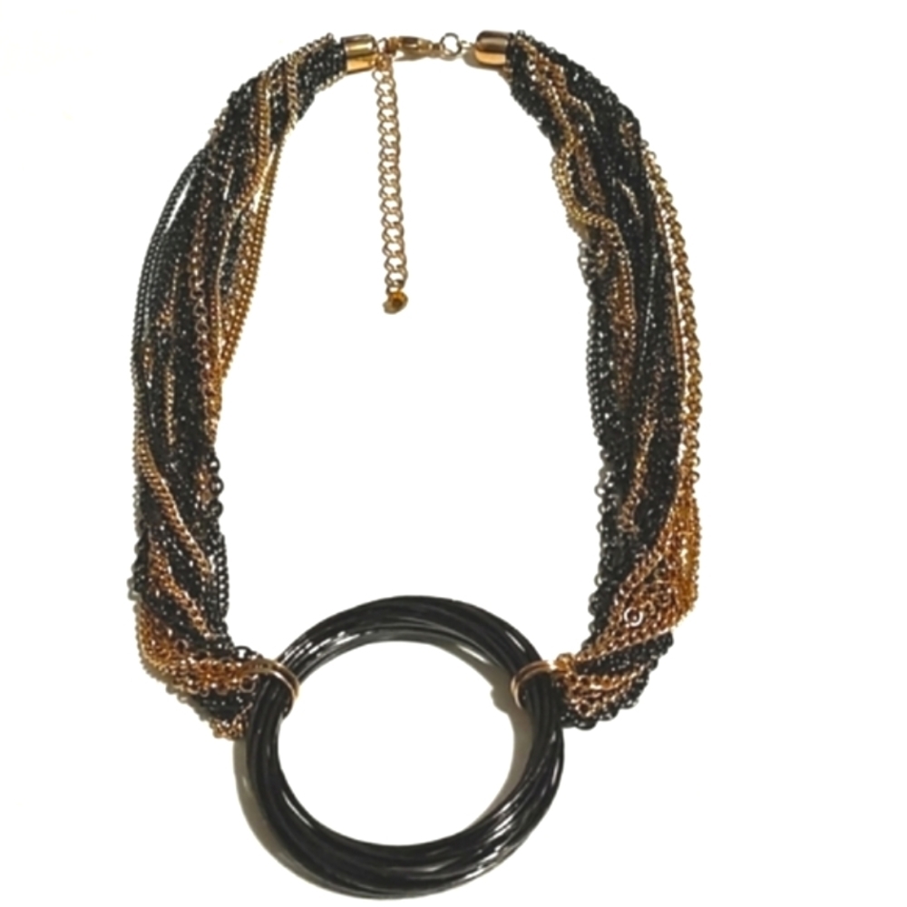 VINTAGE MULTI-STRAND GOLD-TONE GUNMETAL BLACK WIRE PENDANT 20 - 23" NECKLACE